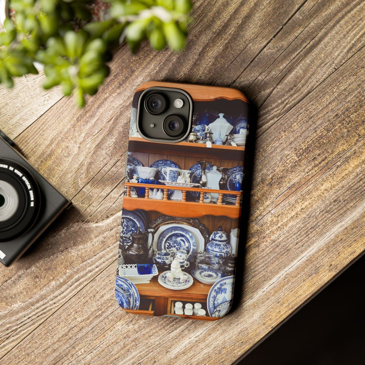 Blue & White China Tough Phone Case, Vintage Curio Shelf iPhone Samsung Google Pixel Cover