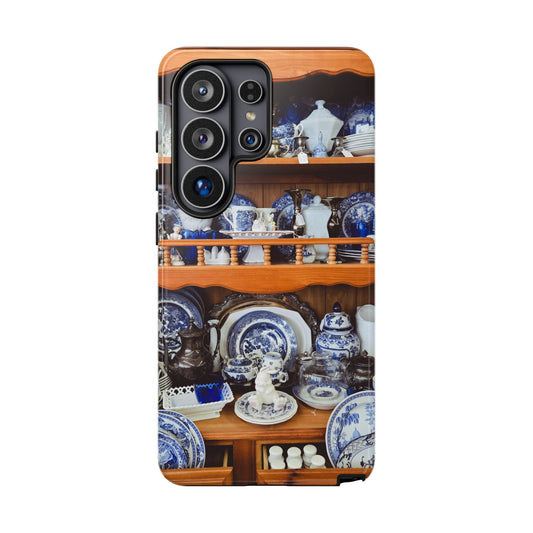 Blue & White China Tough Phone Case, Vintage Curio Shelf iPhone Samsung Google Pixel Cover