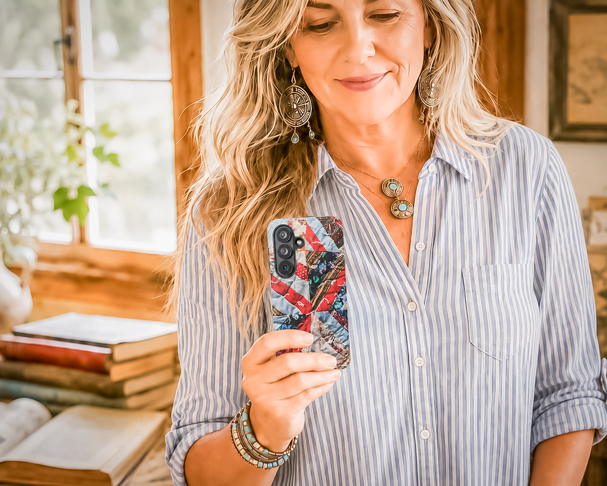 A woman with blonde hair wearing a blue and white striped button-down shirt and statement jewelry, holding a smartphone with a colorful Christmas-themed patterned samsung galaxy s26 case in a warm, sunlit room.