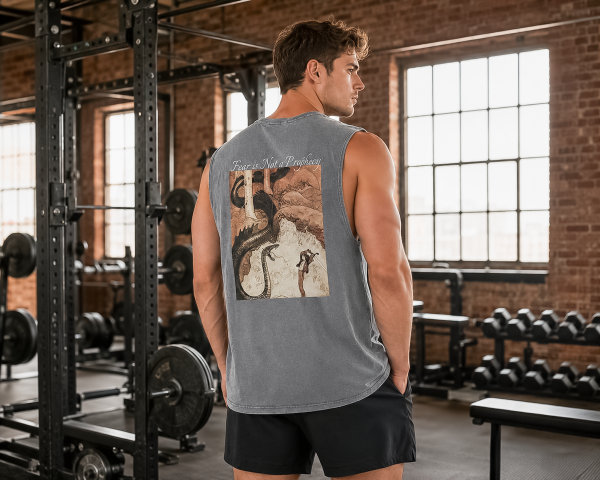 Back of Ash Stone Dragon Slayer stonewash tank top with Fear Is Not A Prophecy dragon slayer graphic