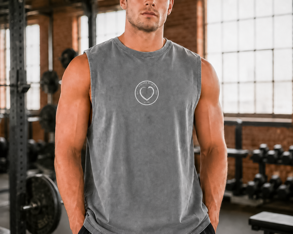 Front of Ash Stone Dragon Slayer stonewash tank top with small Vintage Hearts Club chest emblem