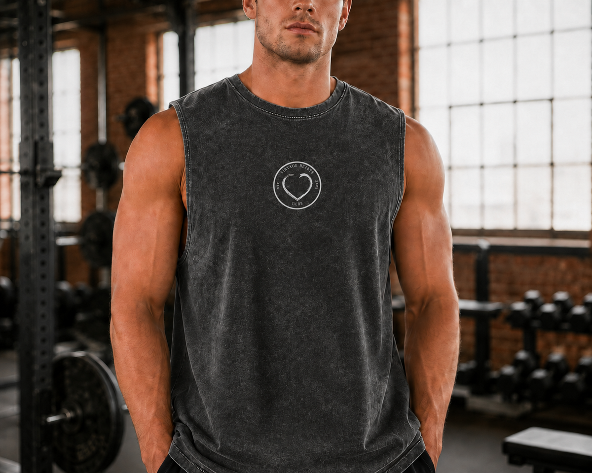 Front of Black Stone Dragon Slayer stonewash tank top with Fear Is Not A Prophecy dragon slayer graphic
