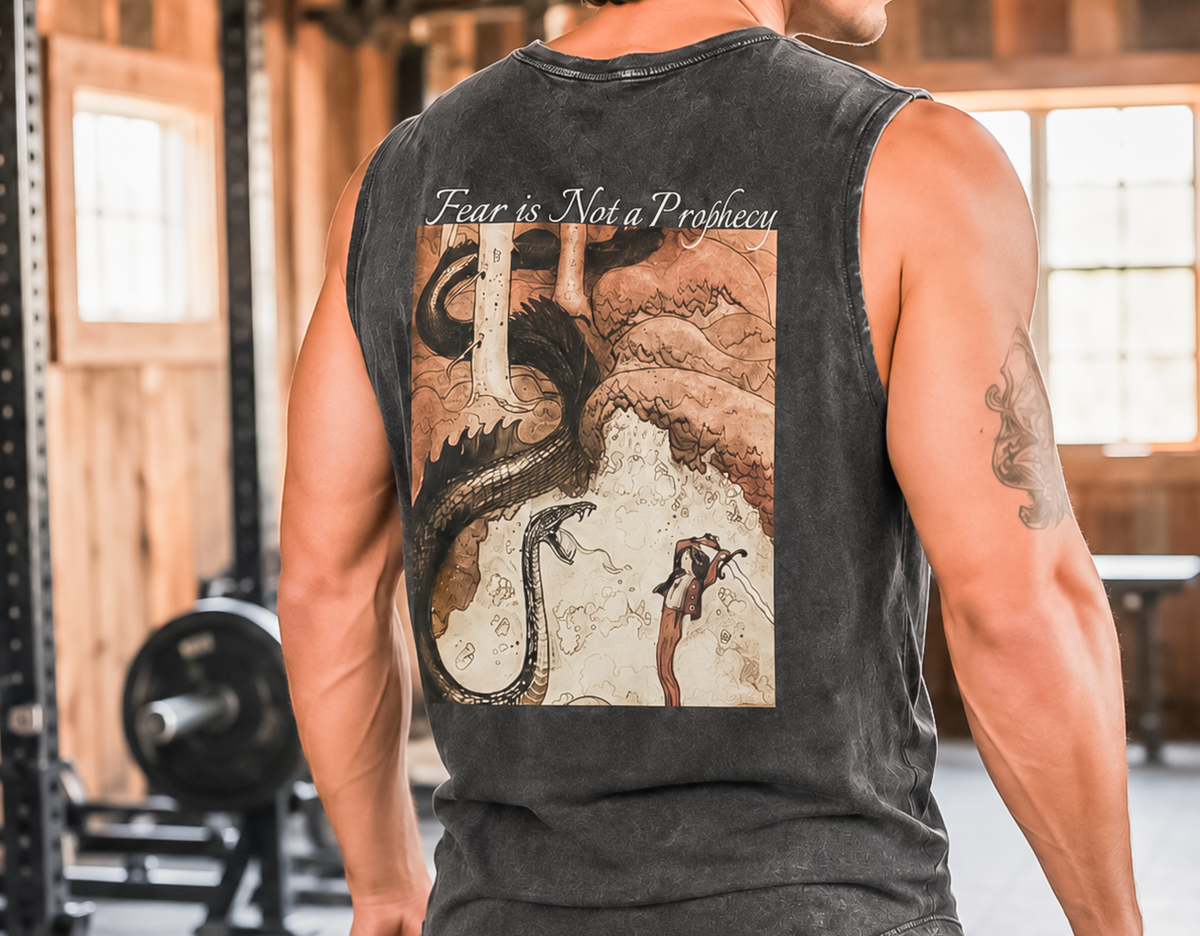 Black Stone Dragon Slayer stonewash tank top with Fear Is Not A Prophecy back print