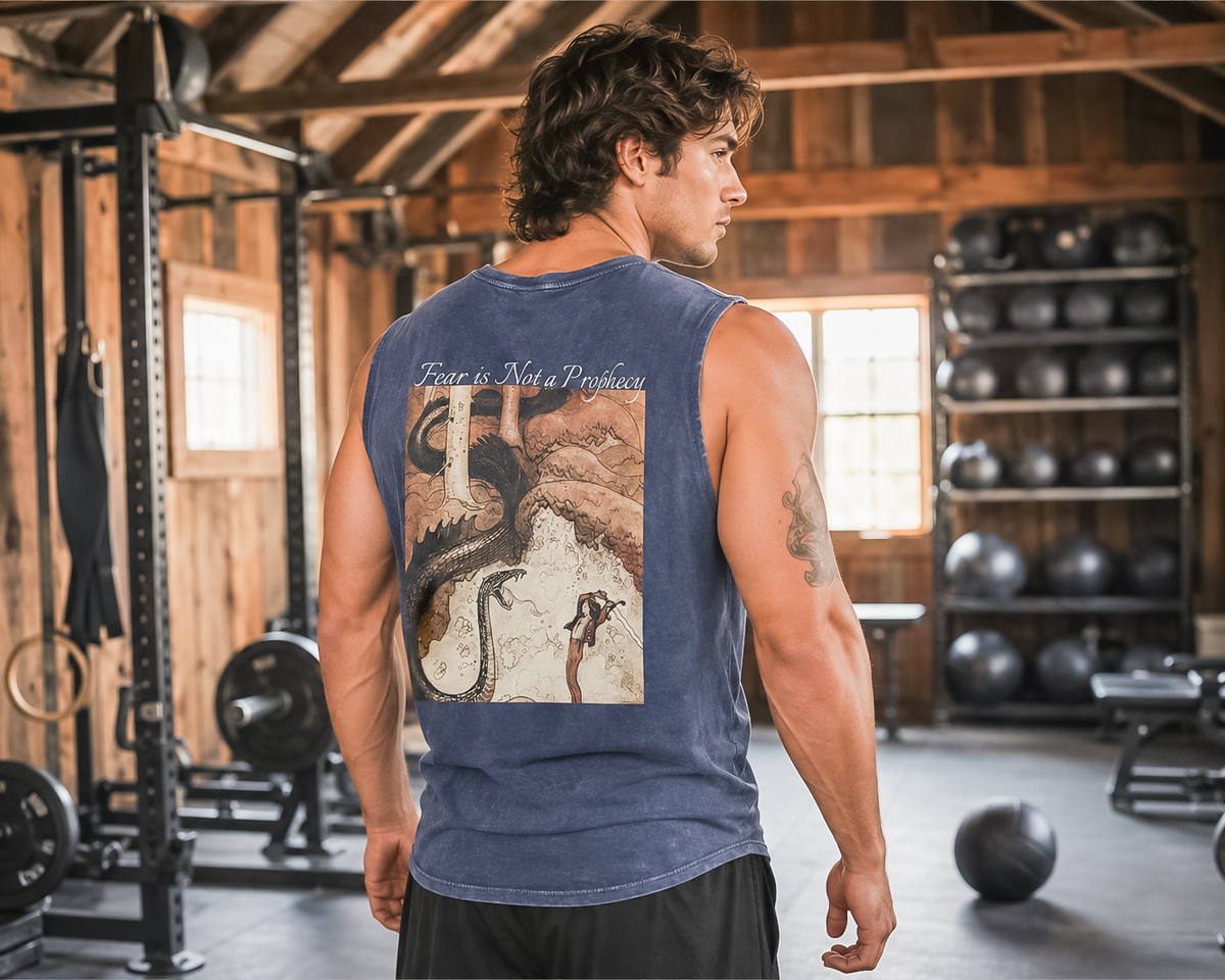 Back of Blue Stone Dragon Slayer stonewash tank top with Fear Is Not A Prophecy dragon slayer graphic