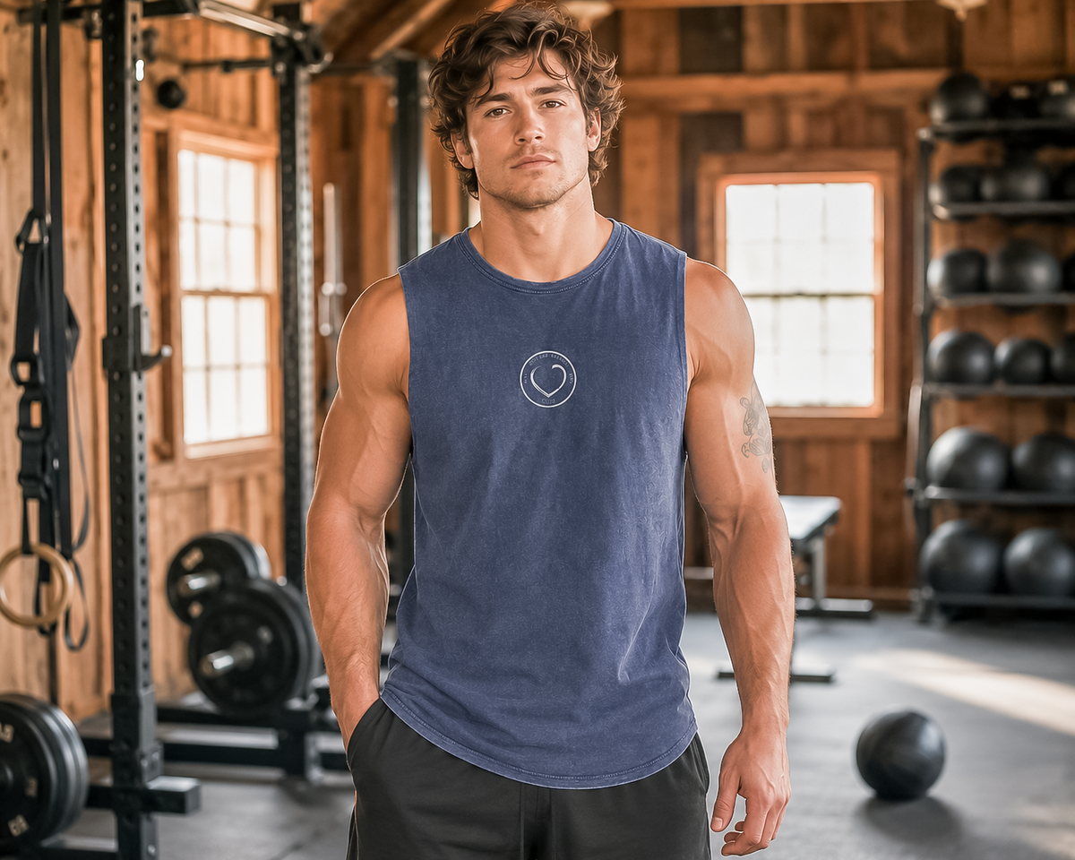 Blue Stone Dragon Slayer stonewash tank top with Fear Is Not A Prophecy back print