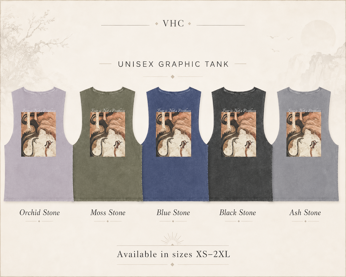 Graphic showing Dragon Slayer stonewash tank top available in Moss Stone, Orchid Stone, Black Stone, Blue Stone, and Ash Stone in sizes XS through 2XL