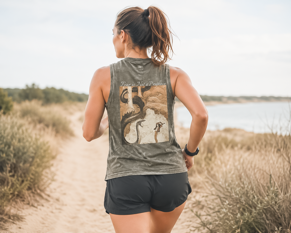 Back of Moss Stone Dragon Slayer stonewash tank top with Fear Is Not A Prophecy dragon slayer graphic