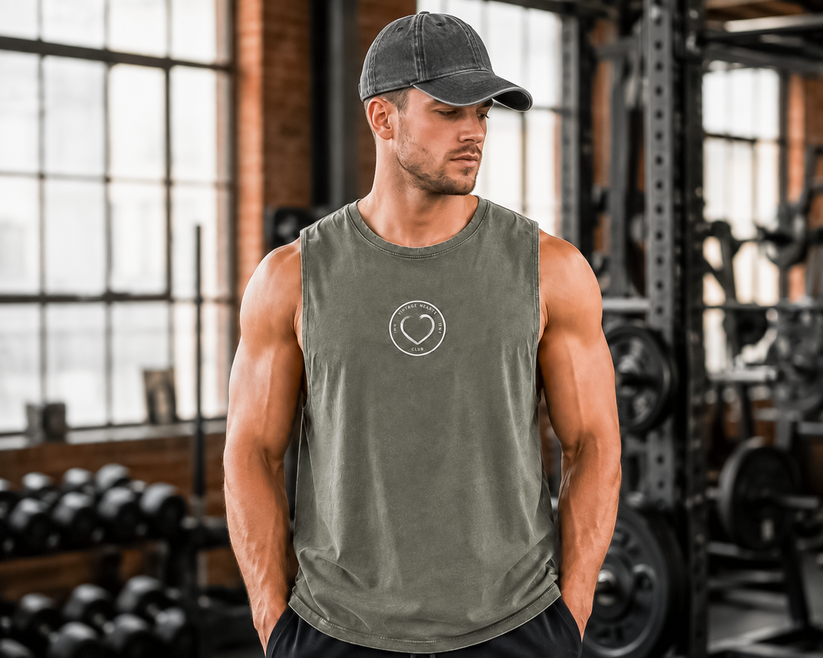 Moss Stone Dragon Slayer stonewash tank top with Fear Is Not A Prophecy back print